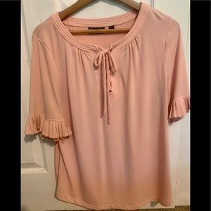 Peach blouse with ruffle sleeve & tie option around neck